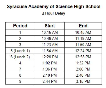 Syracuse Academy of Science High School 2 Hour Delay Bell Schedule