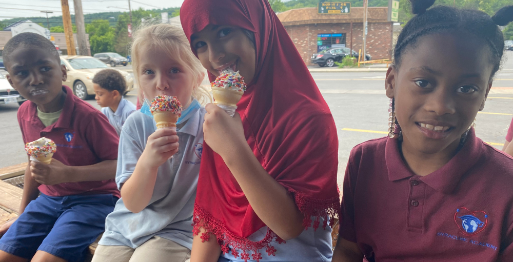 Syracuse Academy of Science elementary school’s 1st and 2nd-grade students celebrate their hard work with a walking field trip for some delicious ice cream at Gannon’s Ice Cream and Arctic Island.
